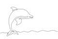 Single one line drawing cute dolphins. Cute blue dolphins, dolphin jumping and performing tricks with ball for entertainment show