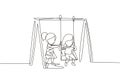 Single one line drawing cute little girl swinging on swing and her friend helped push from behind. Kids playing swing together in Royalty Free Stock Photo