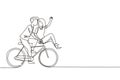 Single one line drawing cute romantic couple on date riding bicycle. Young man and woman in love. Happy married couple cycling Royalty Free Stock Photo