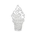 Single one line drawing delicious ice creams in crispy waffles cup. Tasty sweet ice-cream tastes. Cold summer desserts. Swirl curl