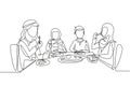 Single one line drawing diner Arabian parents and children together. Family having meal around kitchen table. Happy daddy, mom and Royalty Free Stock Photo