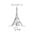 Single One Line Drawing Of Eiffel Tower Landmark Wall Decor Poster. Iconic Place In Paris, France. Tourism And Travel Greeting