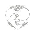 Single one line drawing embrace heart shape design vector template. Embracing icon or logo for health care symbol. Swirl curl