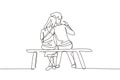 Single one line drawing embracing couple sitting on bench. Happy family concept. Couple in relationship in love. Happy man hugging