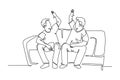 Single one line drawing fans siting on sofa watching their favorite American football club playing the match on television. Fans