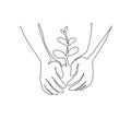 Single one line drawing farmer\'s hands growing young tree, save world, heal world, love nature