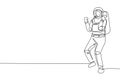 Single one line drawing female astronaut stands with celebrate gesture wearing space suit exploring earth, moon, other planets in Royalty Free Stock Photo