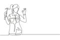 Single one line drawing female carpenter with gesture okay works in his workshop making wooden products. Skills in using carpentry Royalty Free Stock Photo