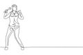 Single one line drawing female mechanic stands up with celebrate gesture and holding wrench to perform maintenance vehicle engine