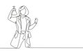 Single one line drawing female scientist with celebrate gesture and holding measuring tube to examining chemical solution to make