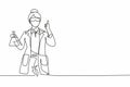 Single one line drawing of female scientist with a thumbs-up gesture and hold measuring tube examining the chemical solution to
