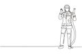 Single one line drawing firefighters stood wearing helmets and uniforms complete with gesture okay work to extinguish fire at Royalty Free Stock Photo