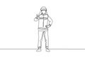 Single one line drawing of firefighters stood wearing helmets and uniforms complete with a thumbs-up gesture to work to extinguish Royalty Free Stock Photo