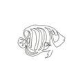 Single one line drawing of funny regal angelfish for company logo identity. Beautiful angel fish mascot concept for sea world show