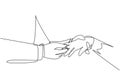 Single one line drawing groom puts ring on finger of bride. Bride and groom make vow of loyalty on their wedding day. Marriage