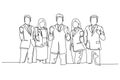 Single one line drawing group of business man and business woman line up to celebrate their success achieve the business target. Royalty Free Stock Photo