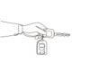 Single one line drawing hand holding car key and alarm system. Male hand holding car key with alarm keychain. Hand of car salesman Royalty Free Stock Photo