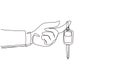 Single one line drawing hand holding hanging car key and alarm system. Hand holding car key with alarm keychain. Hand of car Royalty Free Stock Photo