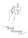 Single one line drawing of hand holding a mug of coffee