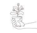 Single one line drawing hand with money plant in the pot. Money tree. Green cash banknotes with golden coins. Tree in a ceramic