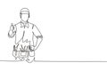 Single one line drawing of the handyman with the thumbs-up gesture is ready to work on repairing the damaged part of the house.