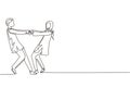 Single one line drawing happy Arabic boy and girl dancing on the floor at home. Romantic young wedding couple holding hands and