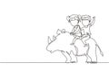 Single one line drawing happy boy and girl riding rhino rhinoceros together. Children sitting on back rhinoceros in zoo. Kids