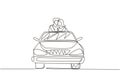 Single one line drawing happy couple on road trip in vintage retro car. Man and woman in vehicle. Married couple romantic Royalty Free Stock Photo