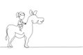 Single one line drawing happy cute girl riding cute donkey. Child sitting on back donkey with saddle in ranch park. Kid learning Royalty Free Stock Photo