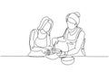 Single one line drawing happy family grandmother mother-in-law and daughter-in-law daughter knead cake dough using manual hand