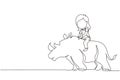 Single one line drawing happy girl riding rhino rhinoceros. Child sitting on back rhinoceros in zoo. Kids learning to ride