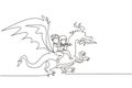 Single one line drawing happy little boy and girl flying with fantasy dragon together. Children fly and sitting on back dragon at Royalty Free Stock Photo