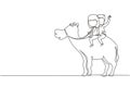 Single one line drawing happy little boy and girl riding camel together. Children sitting on hump camel with saddle in desert. Royalty Free Stock Photo