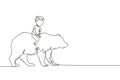 Single one line drawing happy little boy riding brown grizzly bear. Child sitting on back big bear at circus event. Kids learning