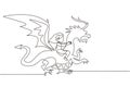 Single one line drawing happy little girl flying with fantasy dragon. Child fly and sitting on back dragon at the sky. Kids Royalty Free Stock Photo