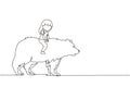 Single one line drawing happy little girl riding brown grizzly bear. Child sitting on back big bear at circus event. Kids learning