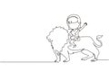 Single one line drawing happy little girl riding lion. Child sitting on back big lion at circus event. Kid learning to ride beast