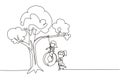 Single one line drawing happy two girls playing tire swing under tree. Cute kids swinging on tire hanging from tree. Children Royalty Free Stock Photo