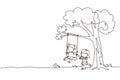 Single one line drawing happy two girls playing on tree swing. Cheerful kids on swinging under a tree. Children playing at