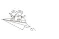 Single one line drawing happy two little boys flying on paper plane. Kids flying on paper airplane together. Children back to