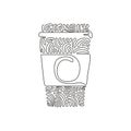 Single one line drawing hot coffee paper cup. Cold chocolate milk to crave for refreshing feeling. Swirl curl circle background