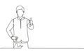 Single one line drawing of hotel doorman in a very neat uniform poses with a thumbs up. Serve guests with a friendly and warm