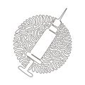 Single one line drawing injection syringe icon. Injection medical logo. Vaccine and medicine symbol. Swirl curl circle background