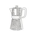 Single one line drawing Italian coffee maker, espresso machine, moka express, mocha coffee, moka pot. Coffee shop tools. Swirl