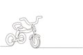 Single one line drawing kids tricycle. Children tricycle transportation. Tricycle, children bicycle. Sketch scratch board