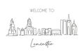 Single one line drawing Lancaster city skyline, England. World historical town landscape. Best holiday destination postcard art.