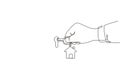 Single one line drawing landlord unlocks the house key for new home. Real estate. Female hand holding key from house isolated on