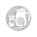 Single one line drawing lemonade in jug and glass. Glass and pitcher with lemons and ice cubes. Swirl curl circle background style