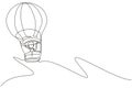 Single one line drawing little boy aeronaut in hot-air balloon at sky. Happy kids riding hot air balloon. Children on hot air