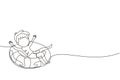 Single one line drawing little boy floating with lifebuoy with relax poses wearing beach and swimming attires. Kids feeling happy Royalty Free Stock Photo